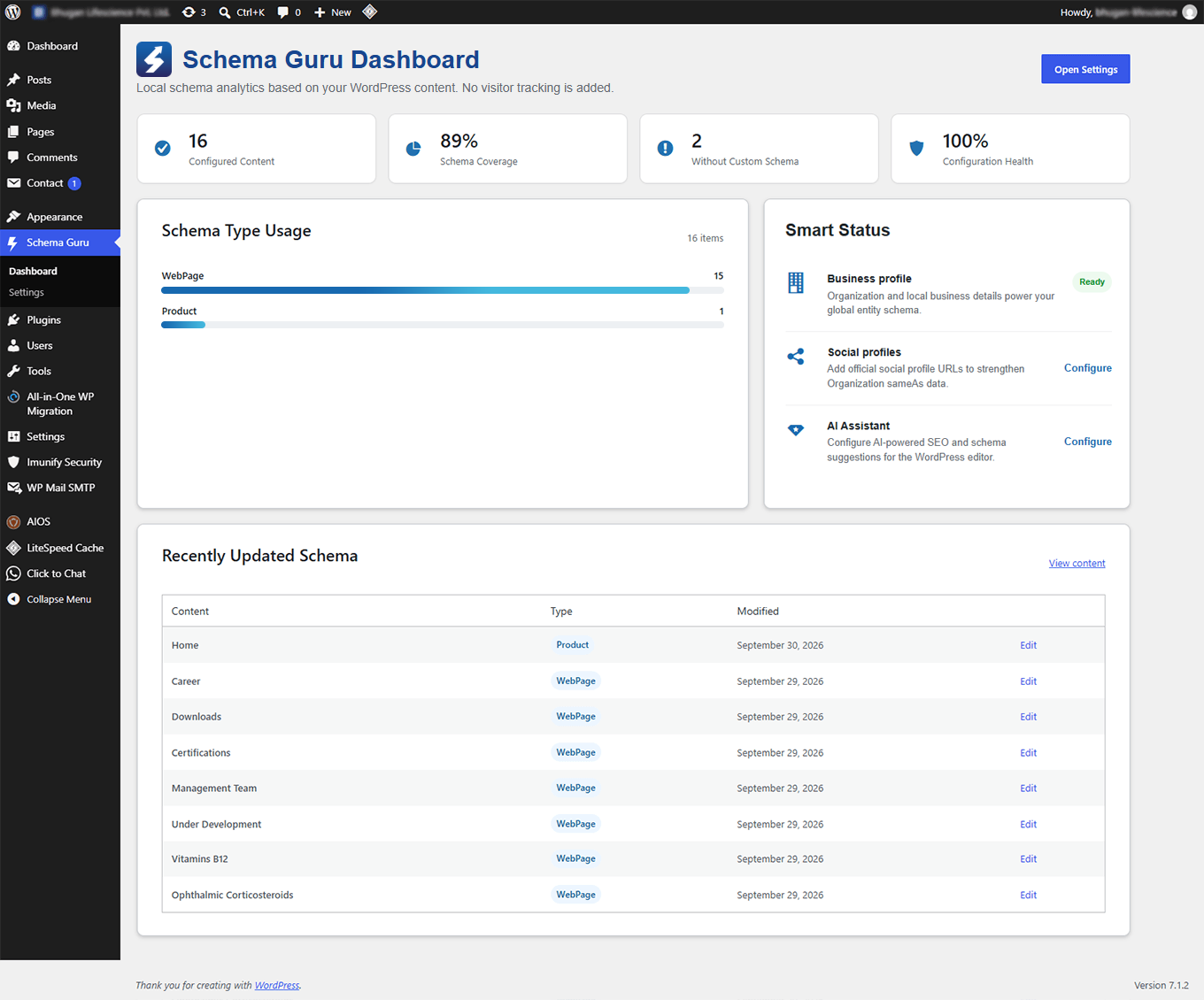 Schema Guru Dashboard showing schema coverage, schema type usage, configuration status, and recently updated content.