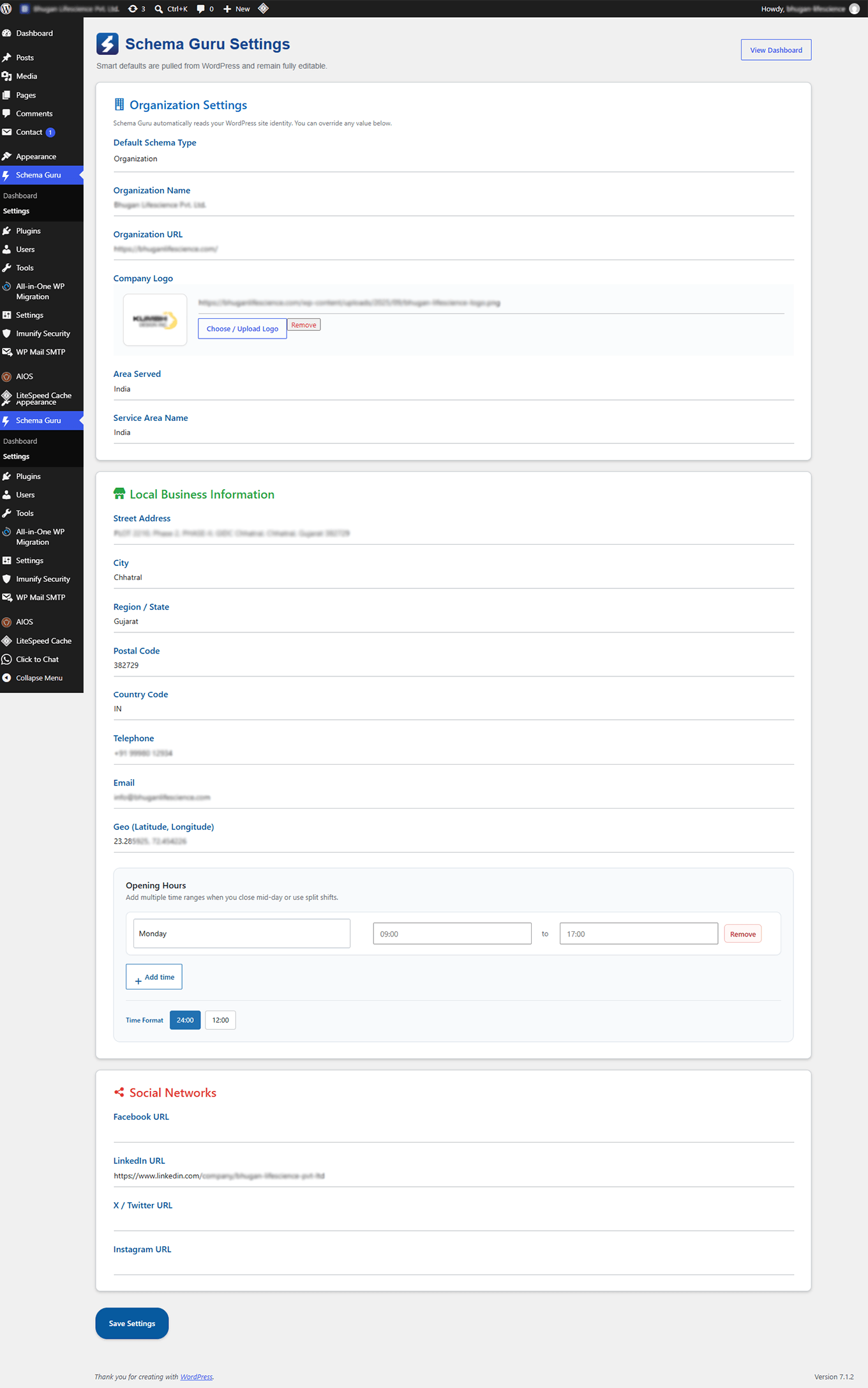 Global organization and local-business settings, including business details, opening hours, and social profiles.
