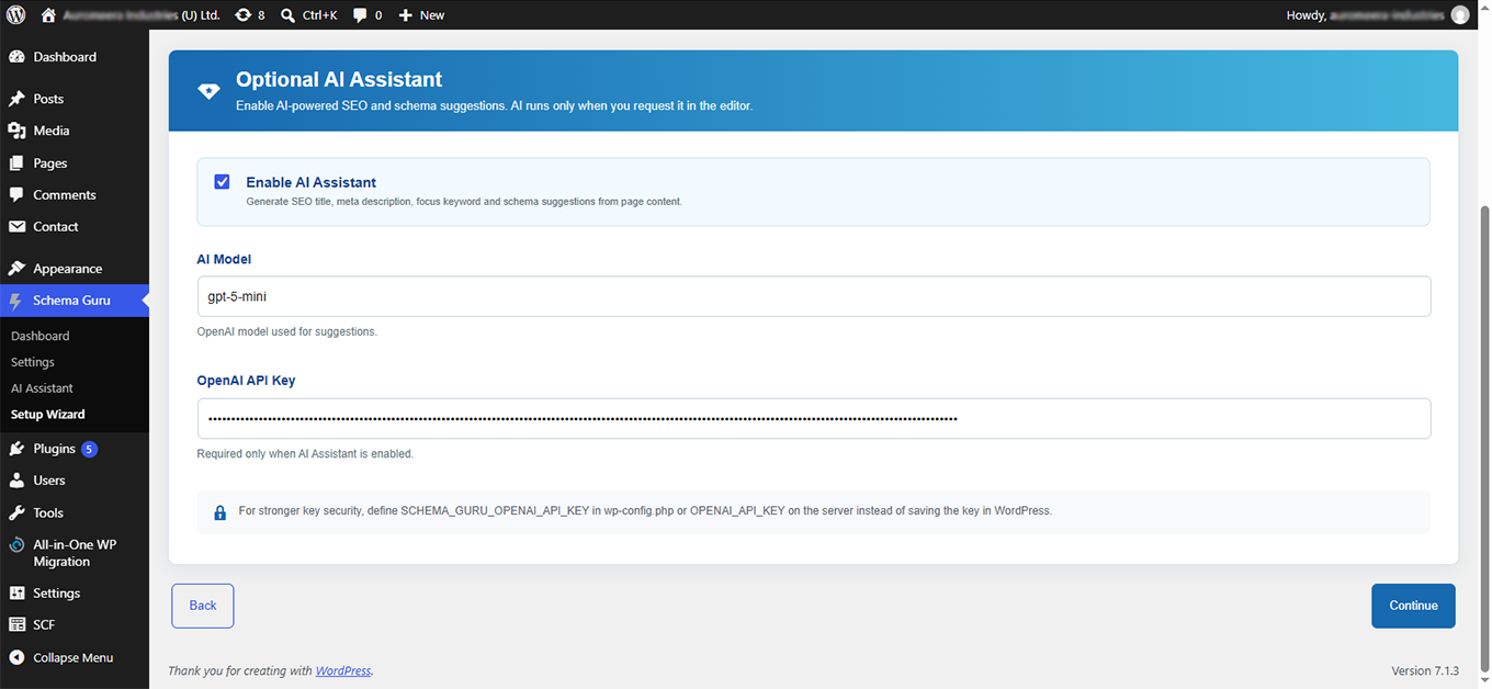 Optional AI Assistant configuration with enable setting, AI model, and OpenAI API key field.