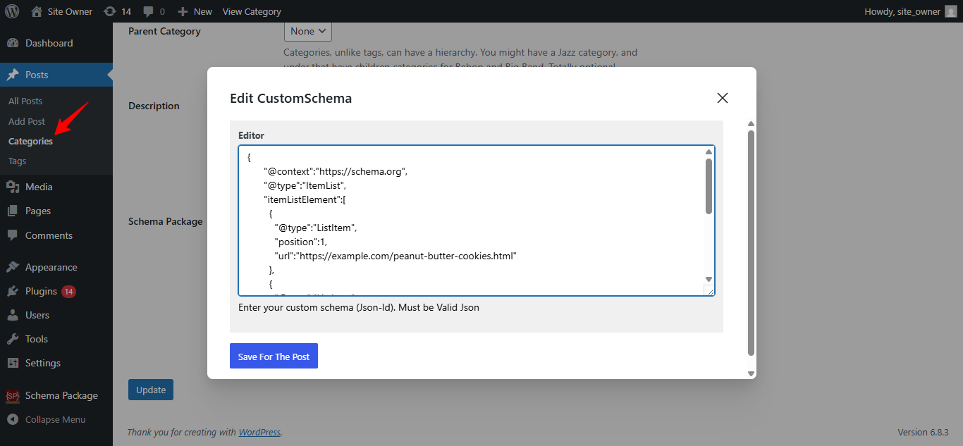 Schema Package Generator popup on categories page