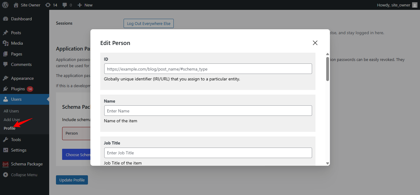 Schema Package Generator popup on edit author page