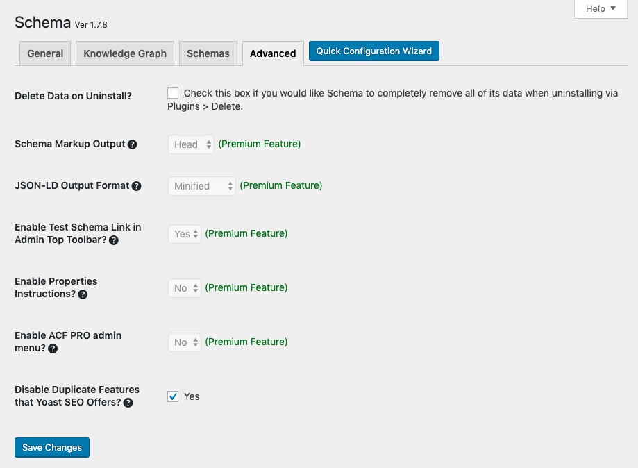 Schema Plugin Advanced Settings page.