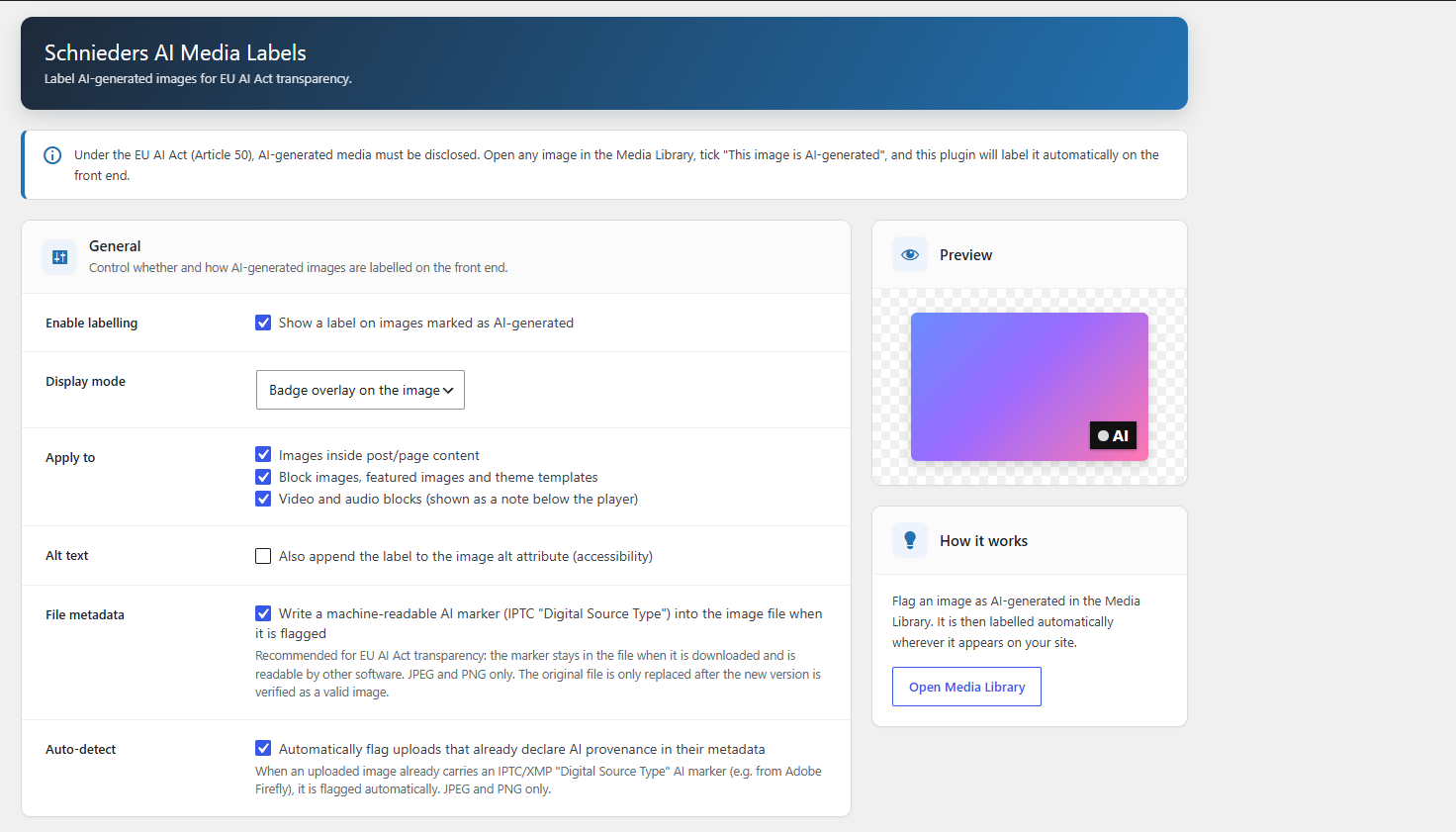 The settings screen: labelling options, file metadata and auto-detection, with a live preview of the badge.
