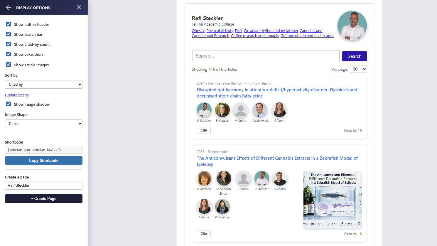 Live Preview & Customization — tweak display options for any researcher and get an instant, ready-to-use shortcode.