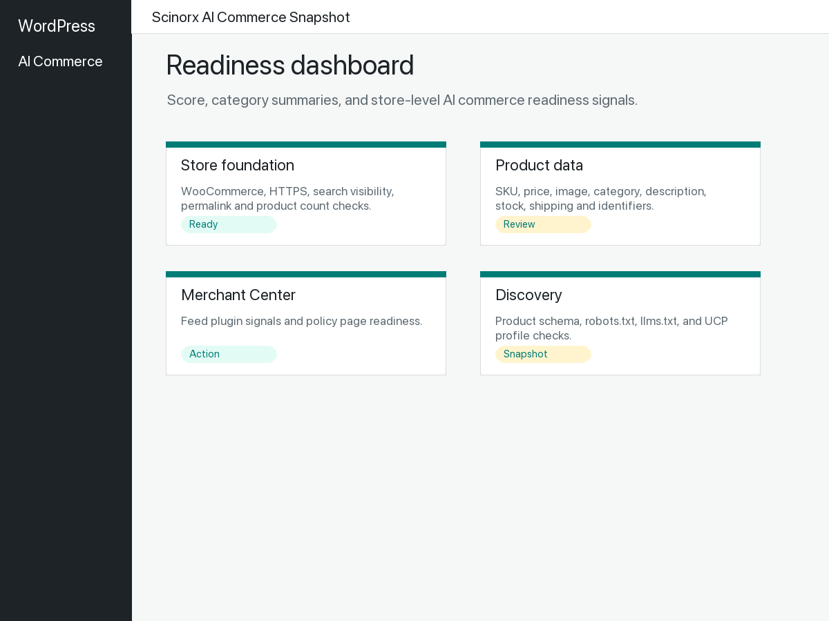 AI commerce readiness dashboard with score and category summaries.