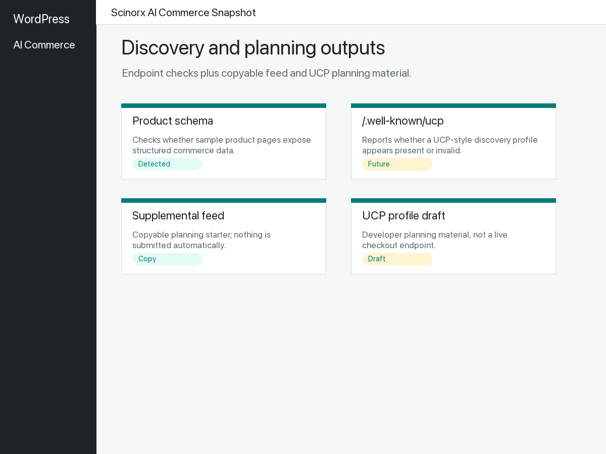 Discovery endpoint checks, supplemental feed starter, UCP planning draft, and copyable diagnosis.