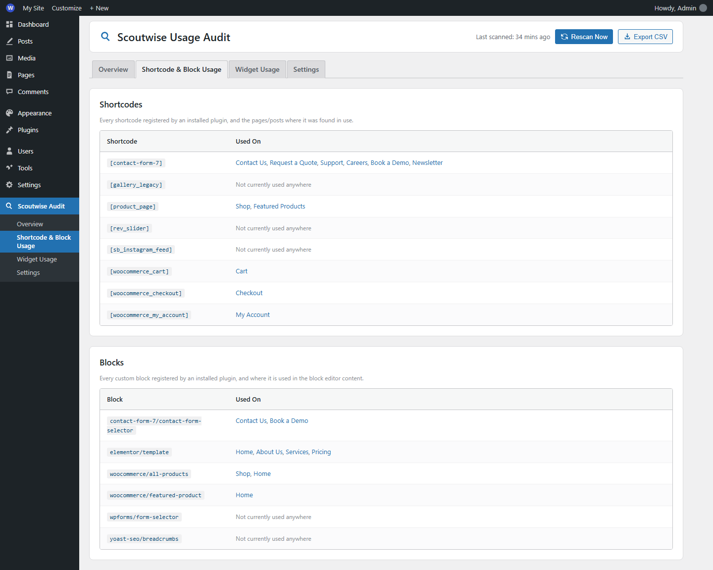 Shortcode & Block Usage page — see exactly which pages and posts use each registered shortcode or block, with edit links.