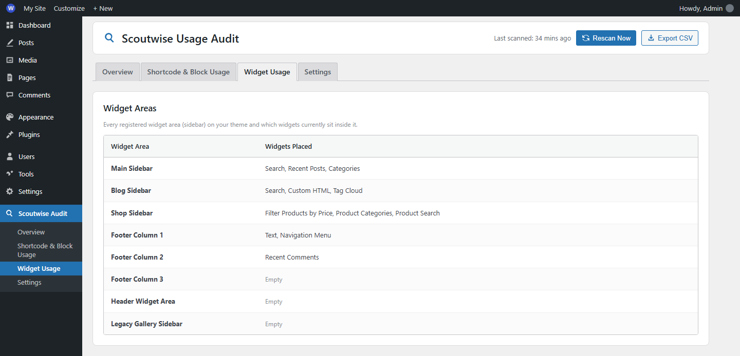 Widget Usage page — list of all registered widget areas (sidebars) and the widgets currently placed in each.