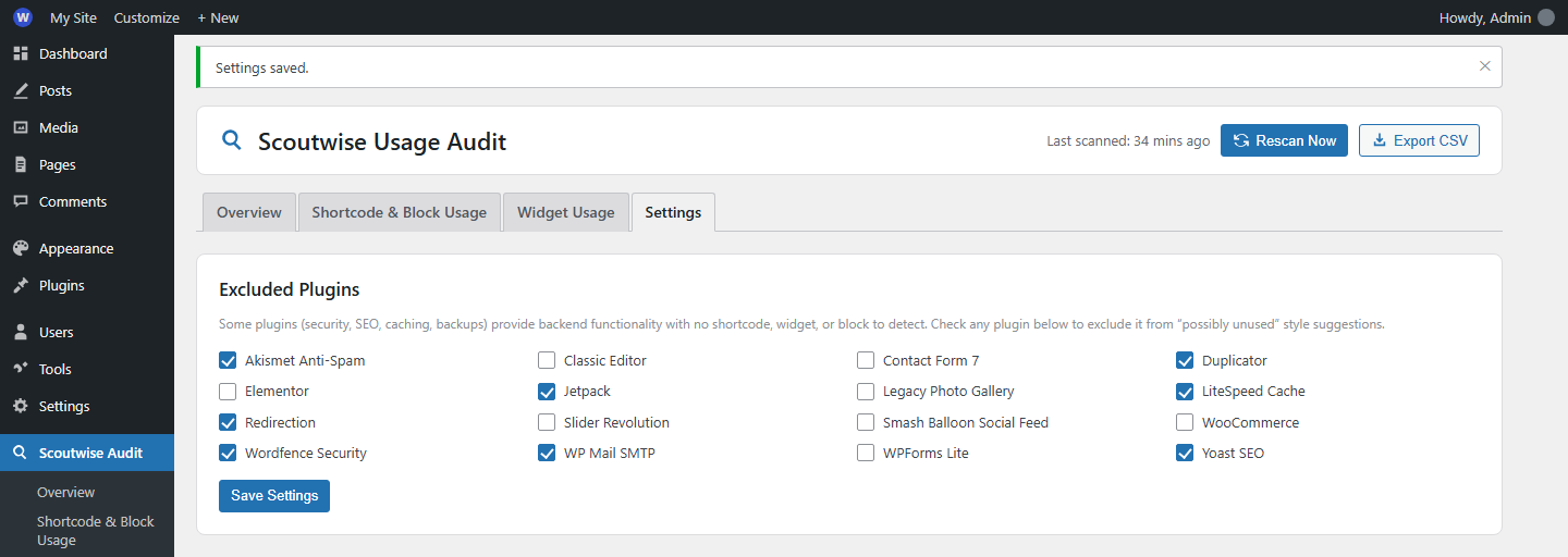 Settings page — exclude backend-only plugins (security, SEO, caching, backups) from "possibly unused" suggestions.