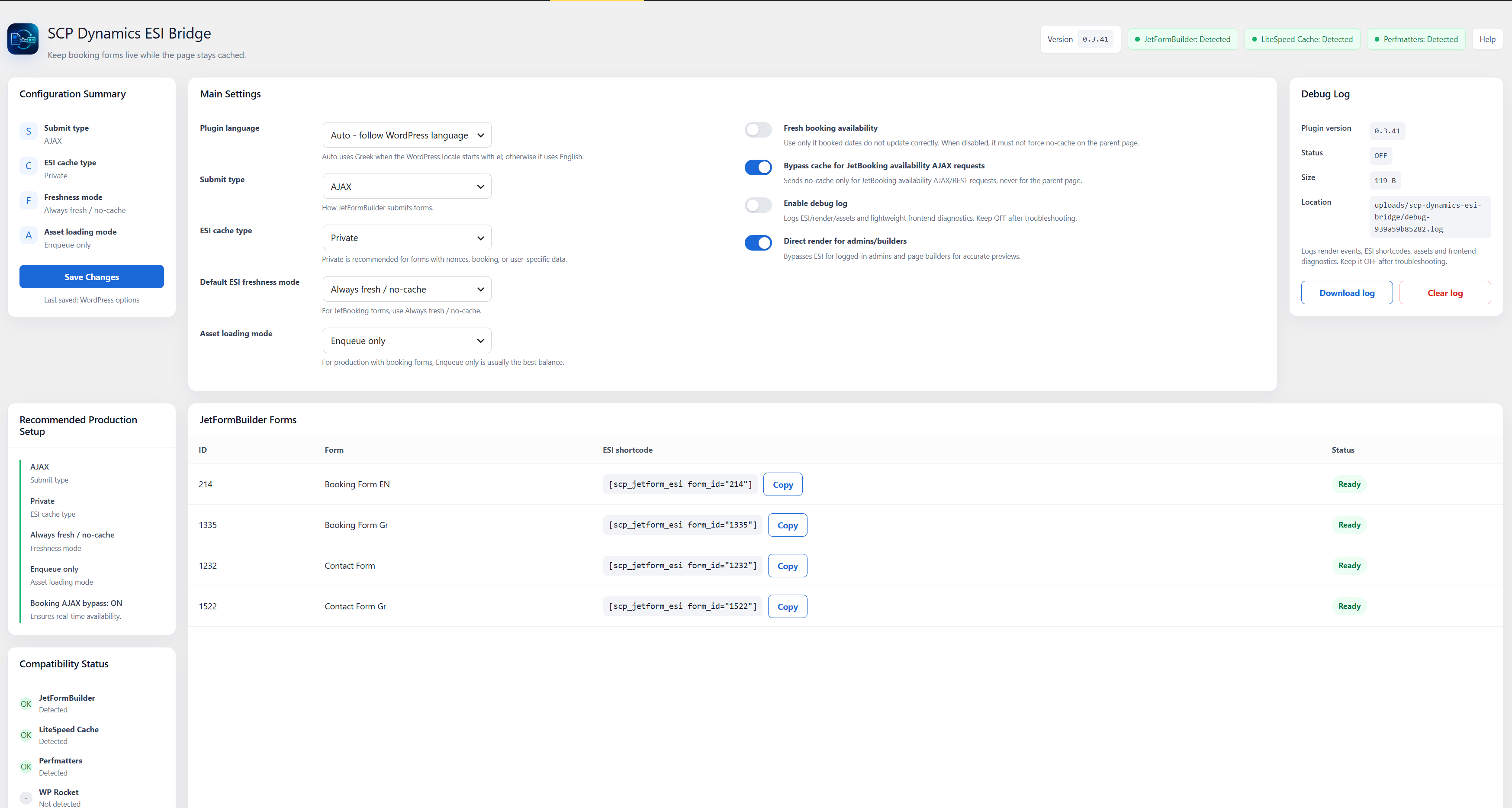 Plugin settings, integration status, recommended production configuration, and discovered JetFormBuilder forms.