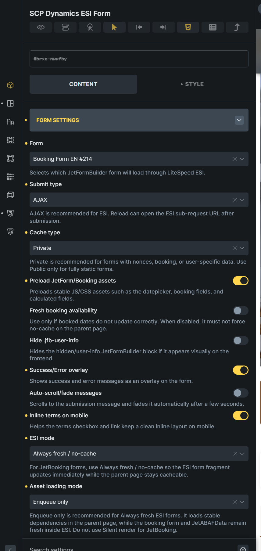 Bricks Builder element controls for form selection, ESI cache, asset loading, and frontend behavior.