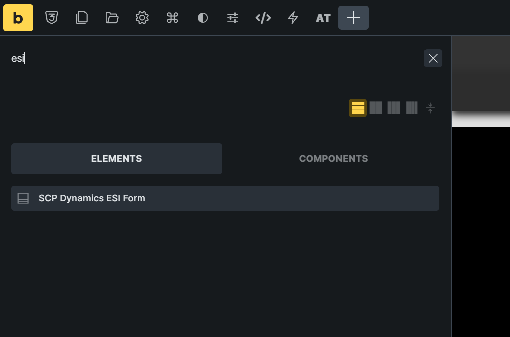 SCP Dynamics ESI Form available in the Bricks Builder element picker.