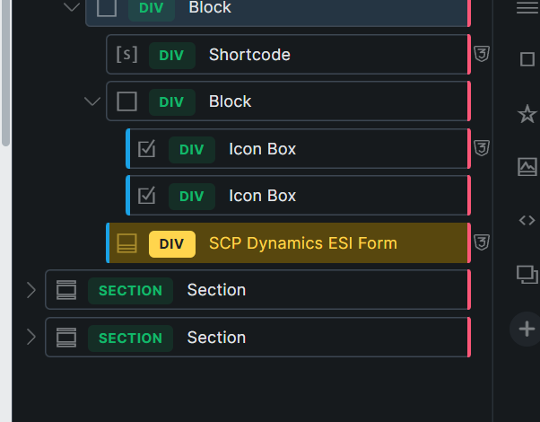 SCP Dynamics ESI Form placed inside the Bricks Builder structure panel.