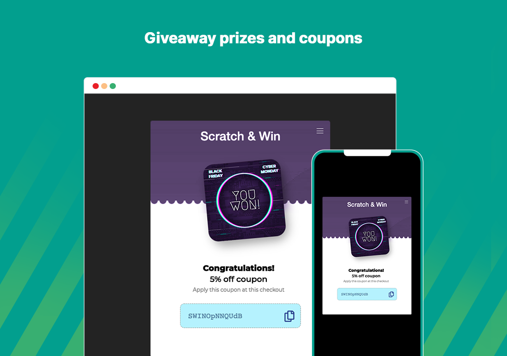 Scratch & Win – Giveaways and Contests. Boost subscribers, traffic, repeat visits,  referrals, sales and more