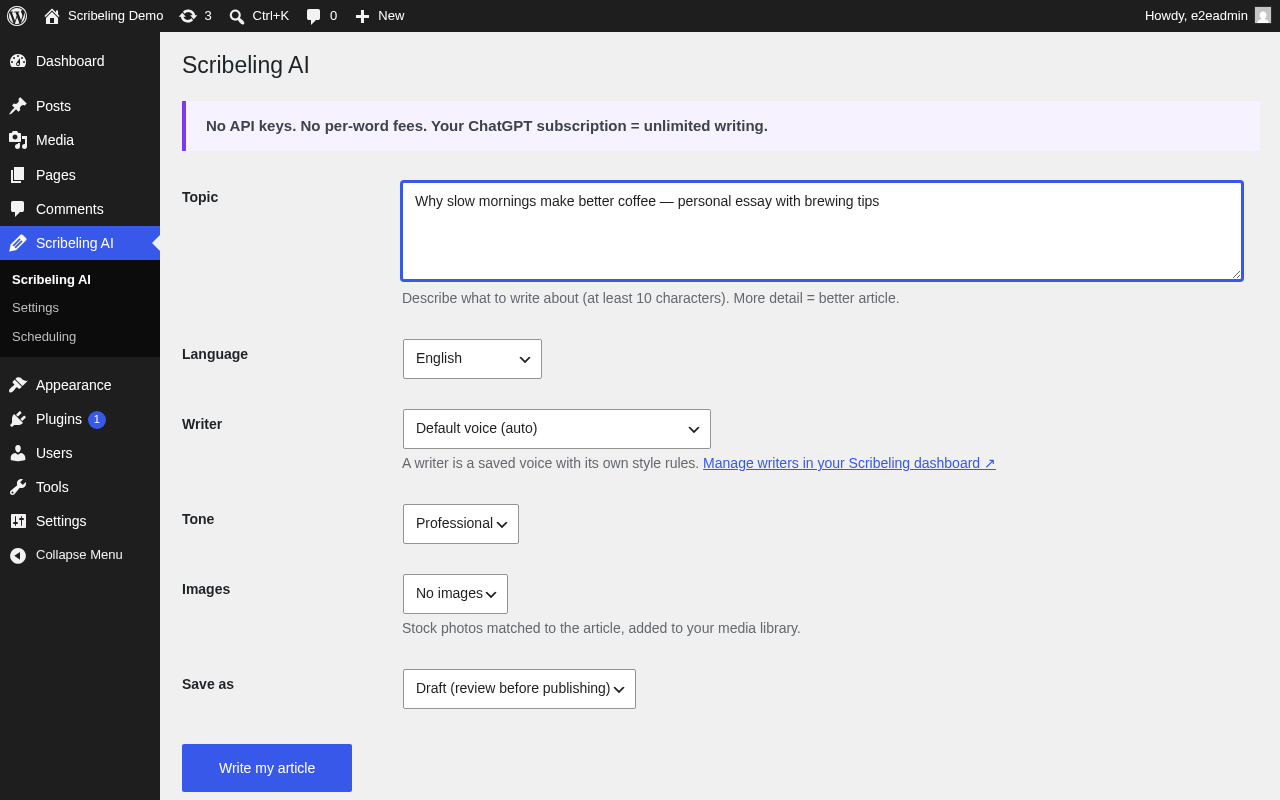 Write screen — topic, writer voice, images, save mode.