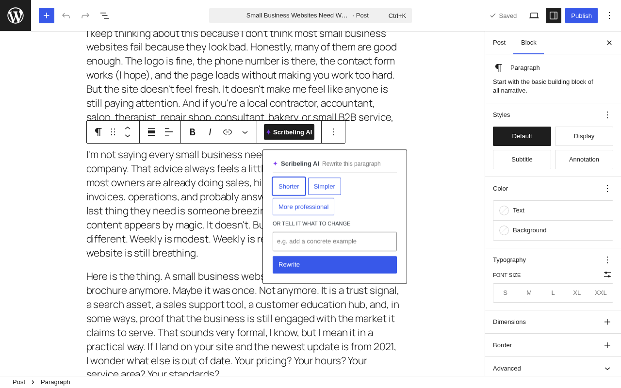 ✦ Scribeling AI paragraph rewrite in the block editor.