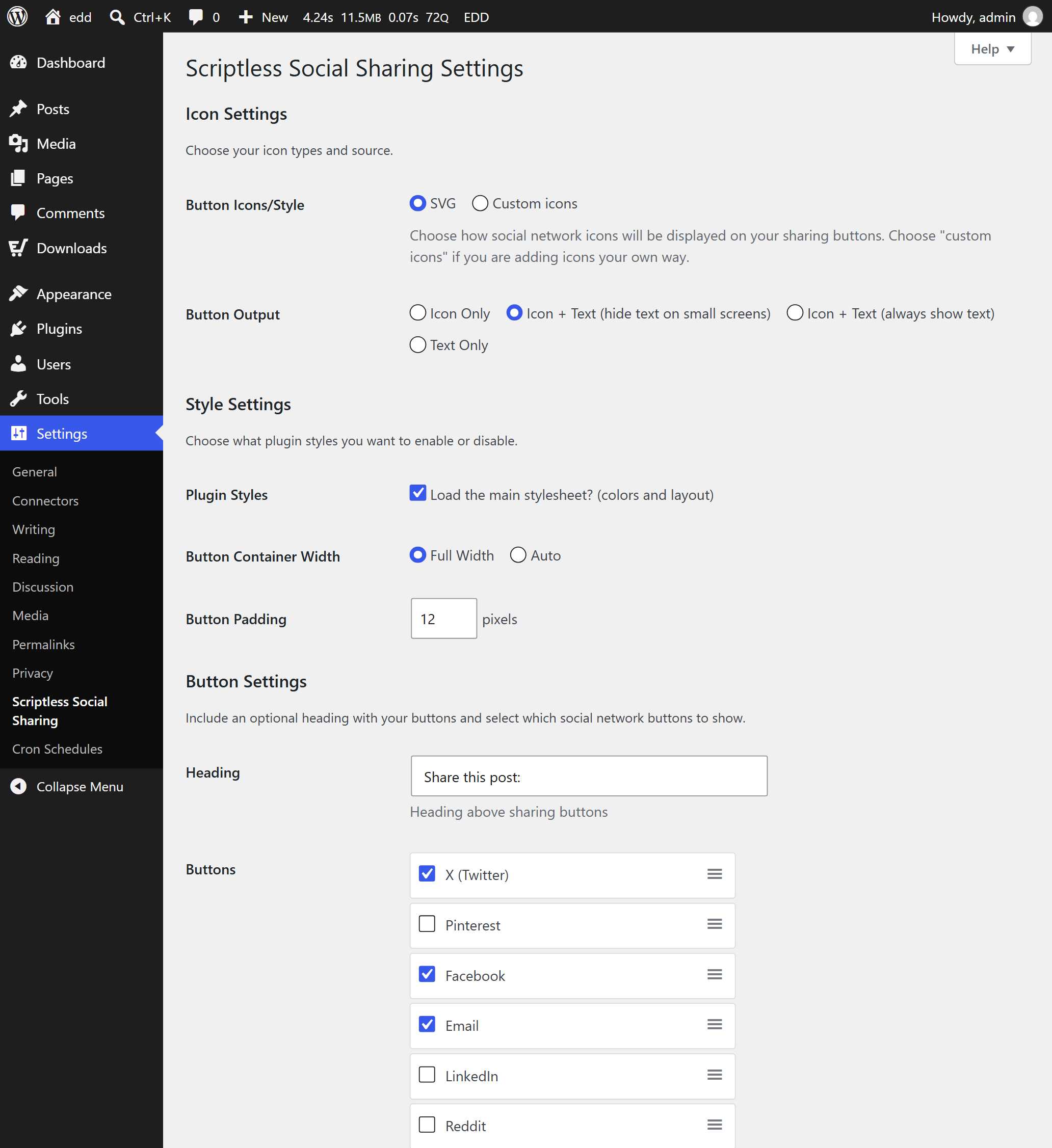 Captura de los ajustes del plugin, en «Ajustes > Scriptless Social Sharing».