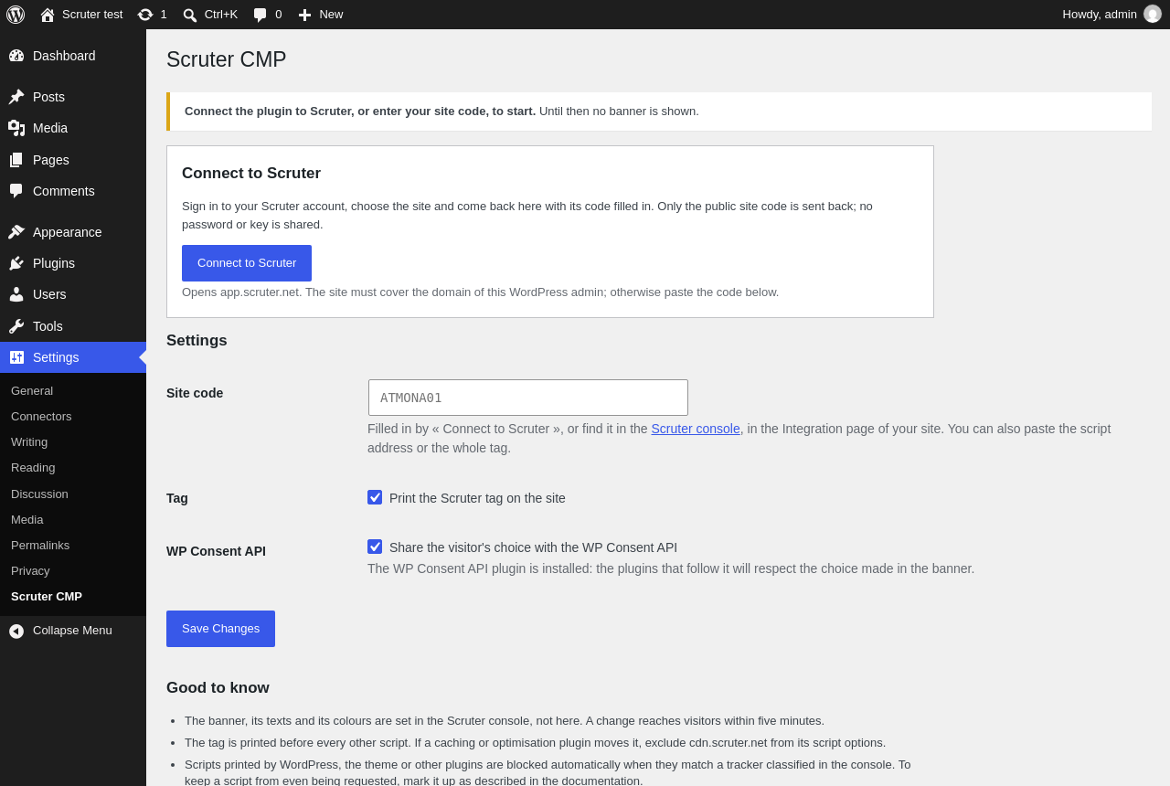 Settings › Scruter CMP: « Connect to Scruter », or the site code typed by hand.