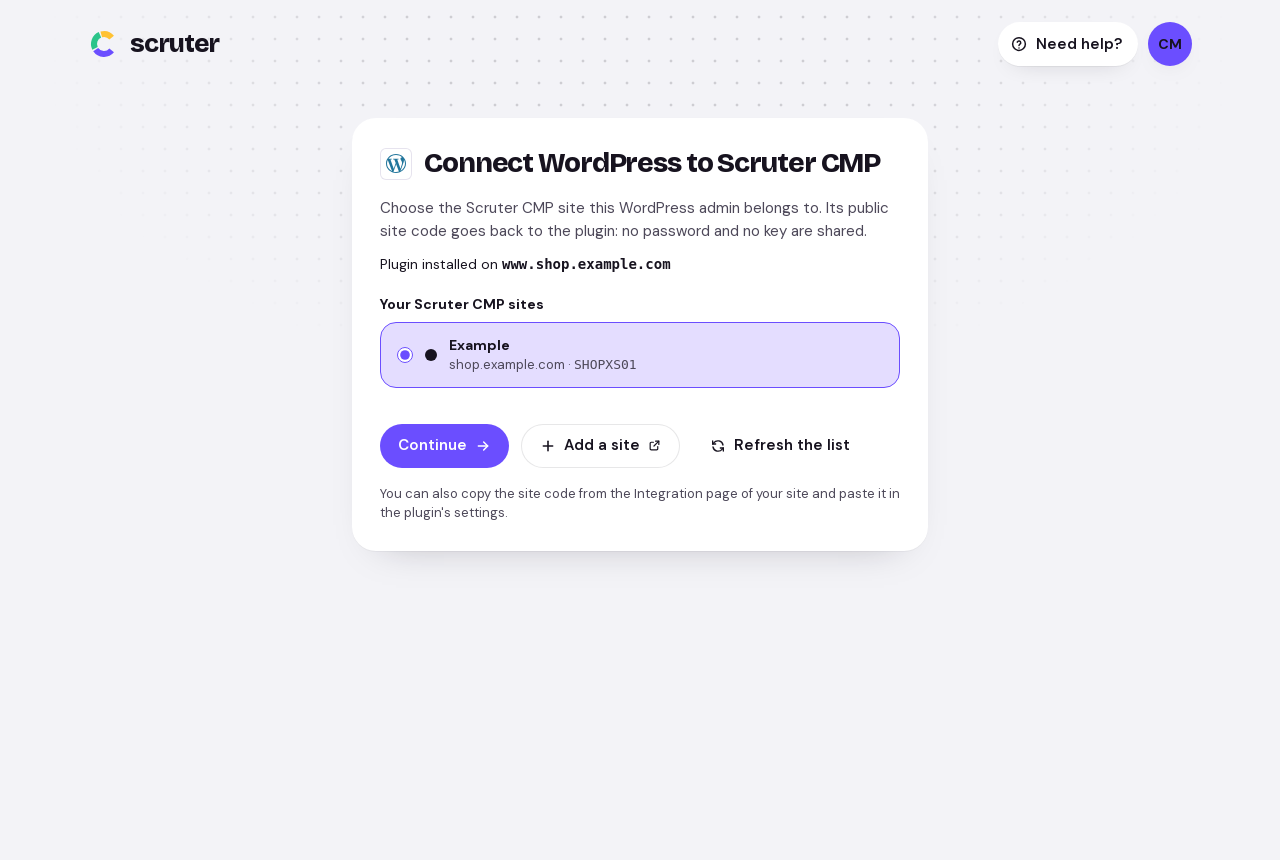 In the Scruter console, choose the site this WordPress belongs to.