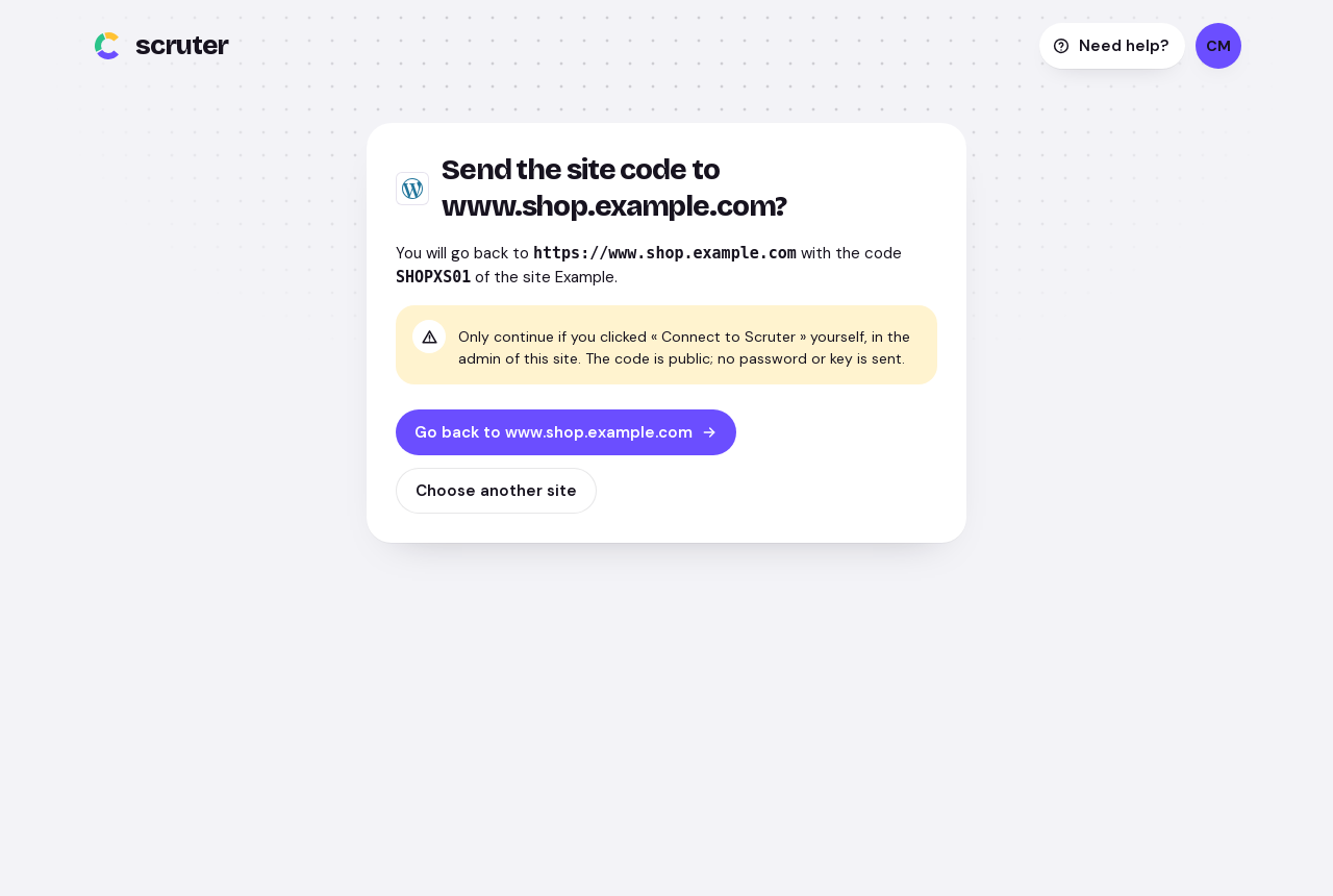 The console names the destination before sending the public site code back.