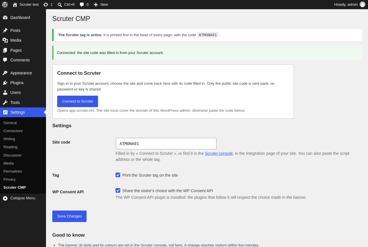 Back in WordPress: connected, the tag is printed first in the head of every page.