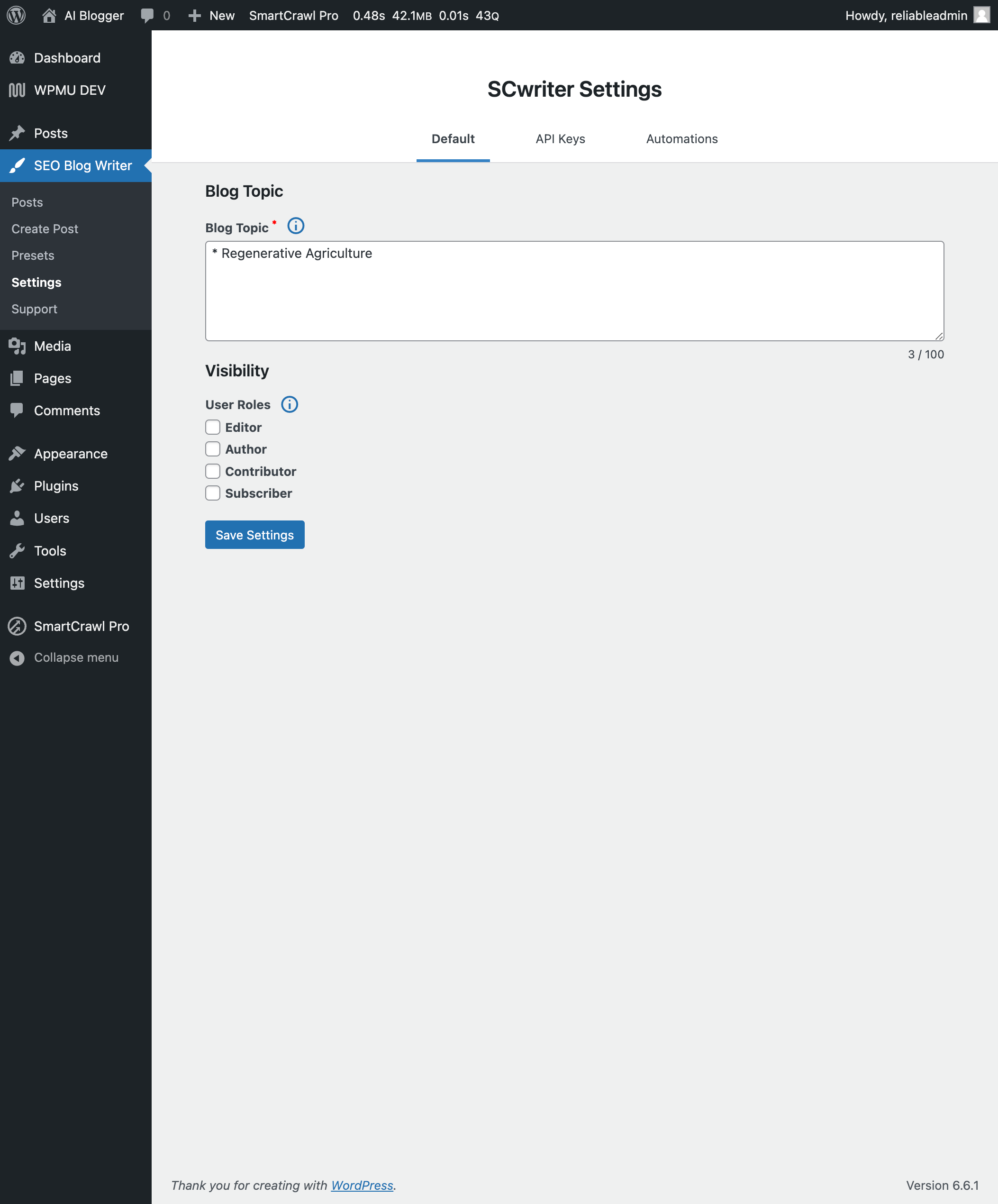 Settings Page: Default – Set up the blog topic and plugin visibility.