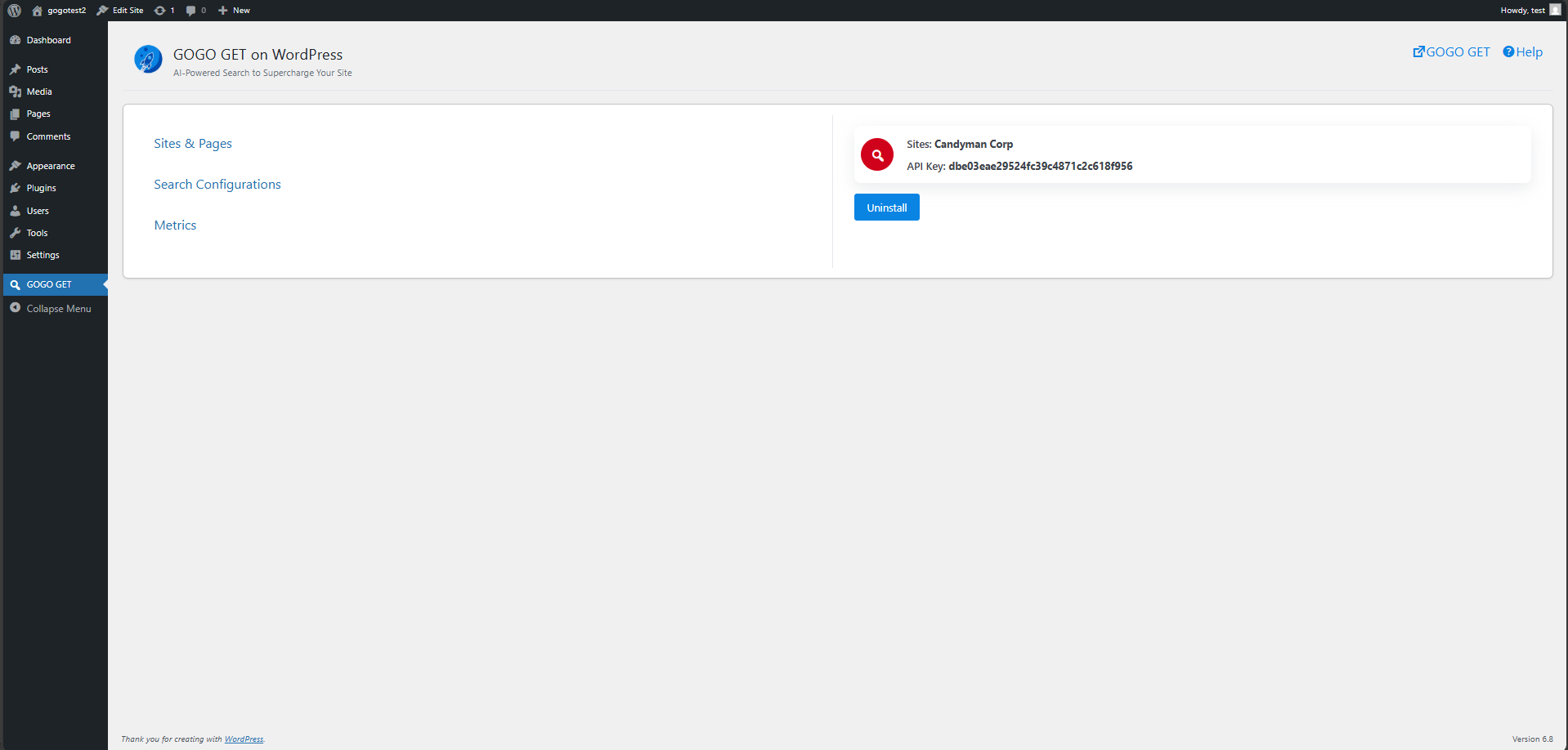Screenshot of an installed GOGO GET Search in the Wordpress Admin dashboard