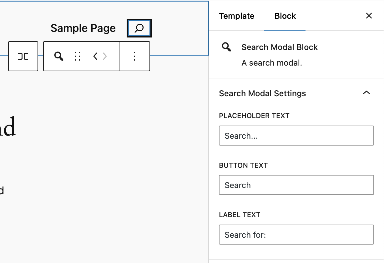 The search modal block in the block editor with customizable settings.