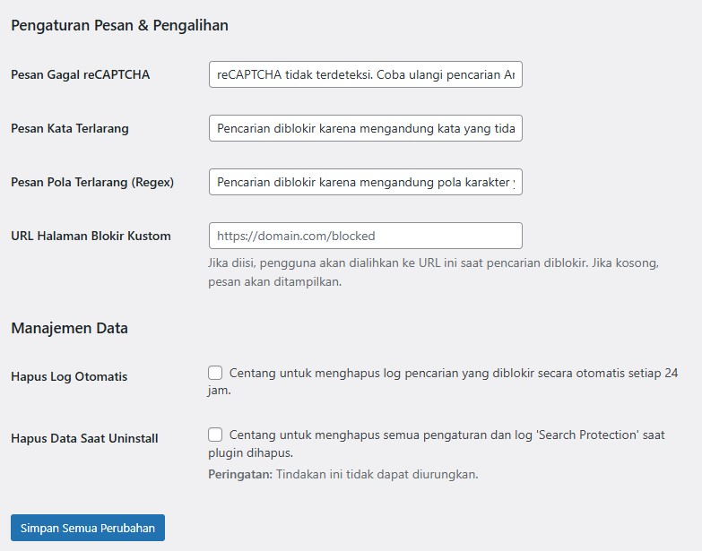 Menu pengaturan utama untuk Pengaturan Pesan &amp; Pengalihan, Manajemen Data, Simpan Semua Perubahan.