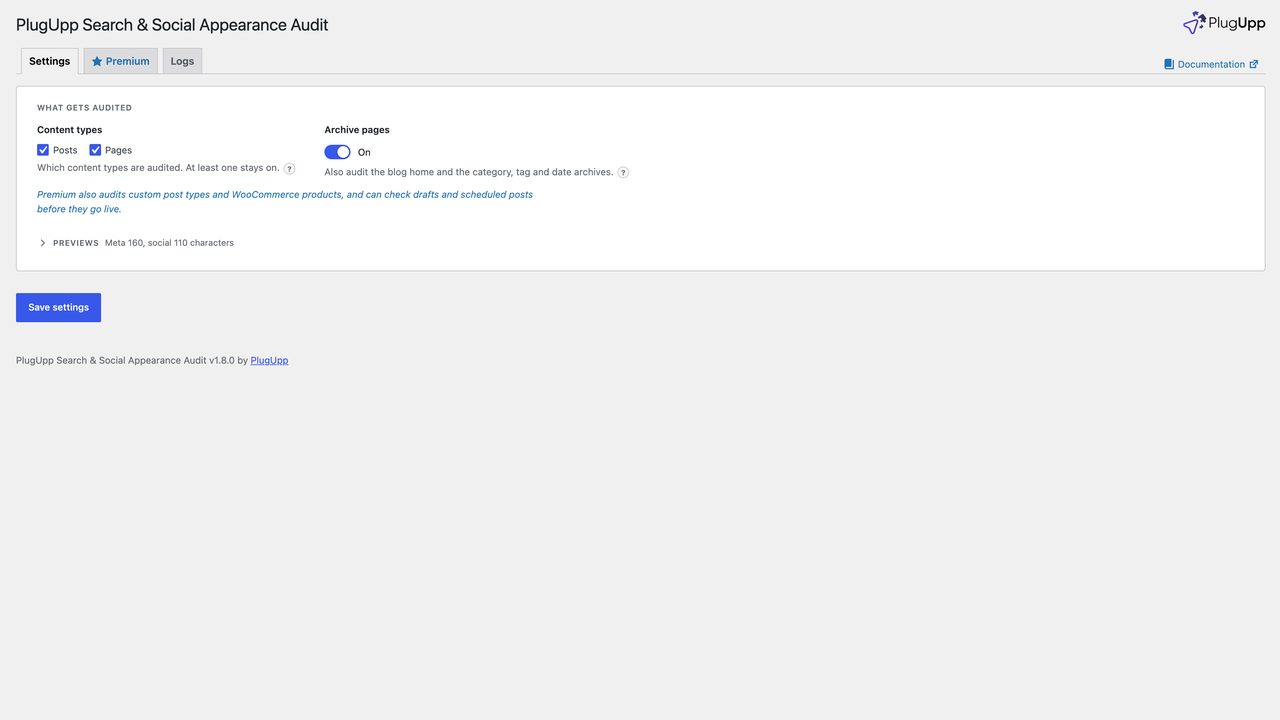 Settings - choose which content types are audited and switch archive-page auditing on or off, with the search and social description preview lengths folded under Previews; a built-in log viewer is on the Logs tab.