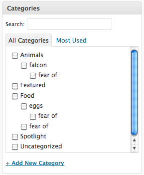 Categories meta box with an empty search box