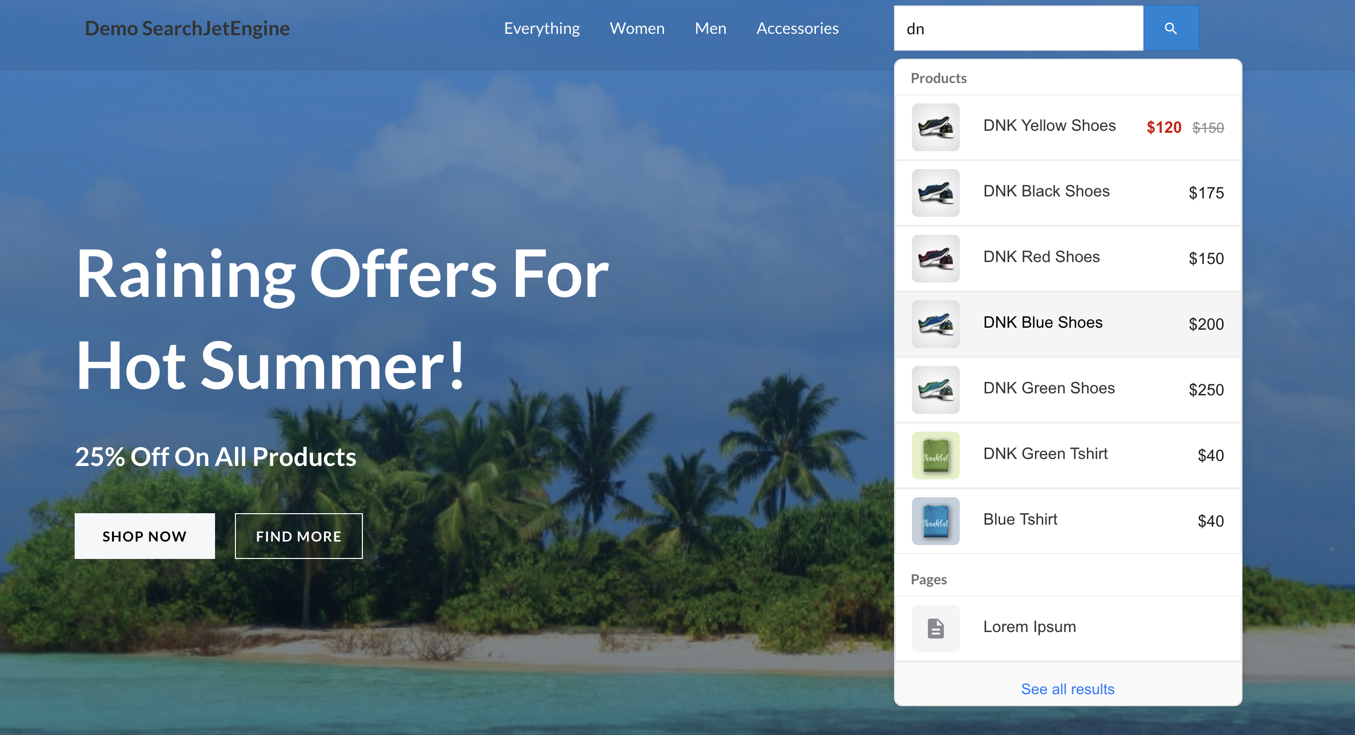 Instant Ajax results with thumbnails, prices, SKUs, and category badges