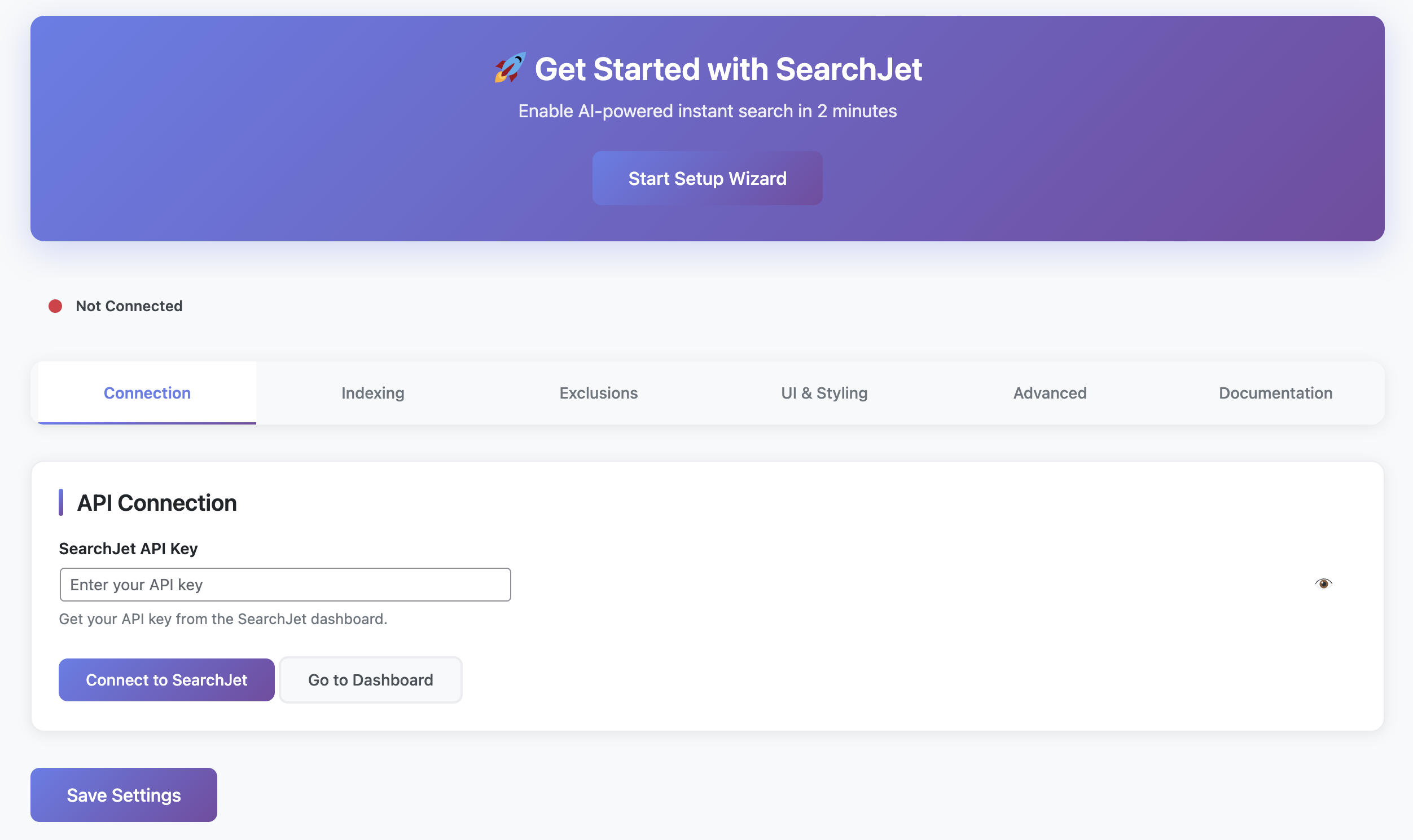 SearchJet settings: Connection Tab