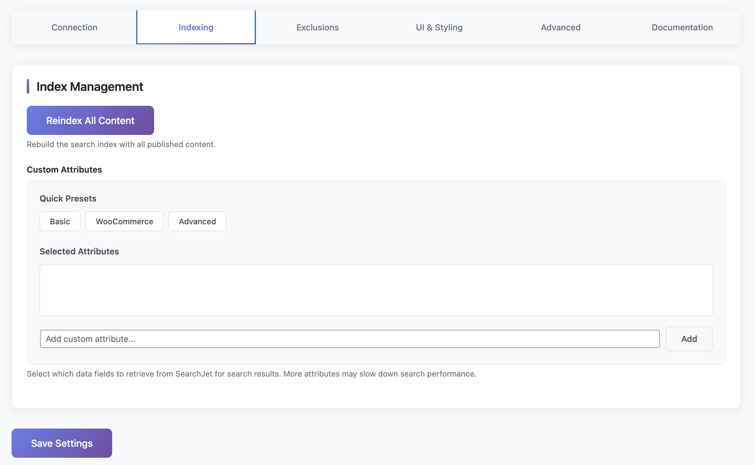 SearchJet settings: Index Tab