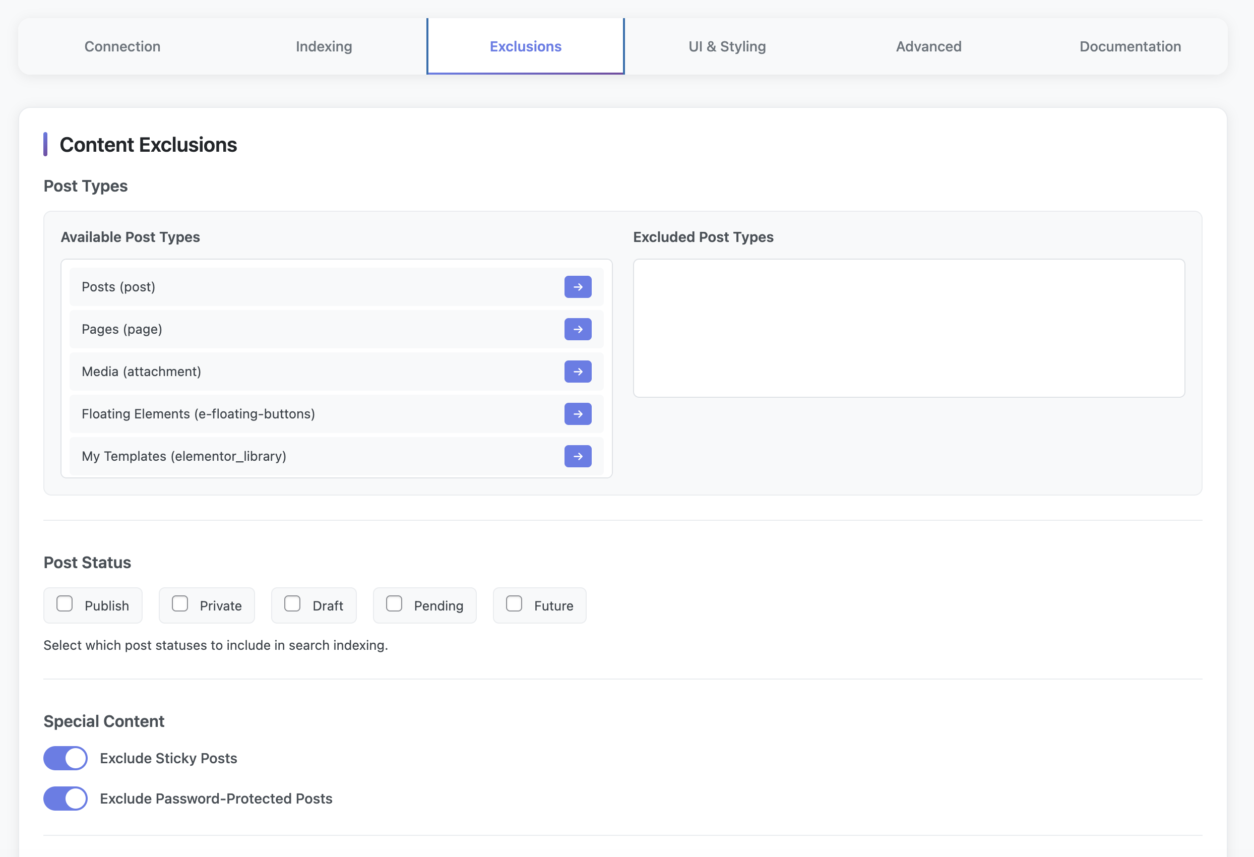SearchJet settings: Contenct Exclusions