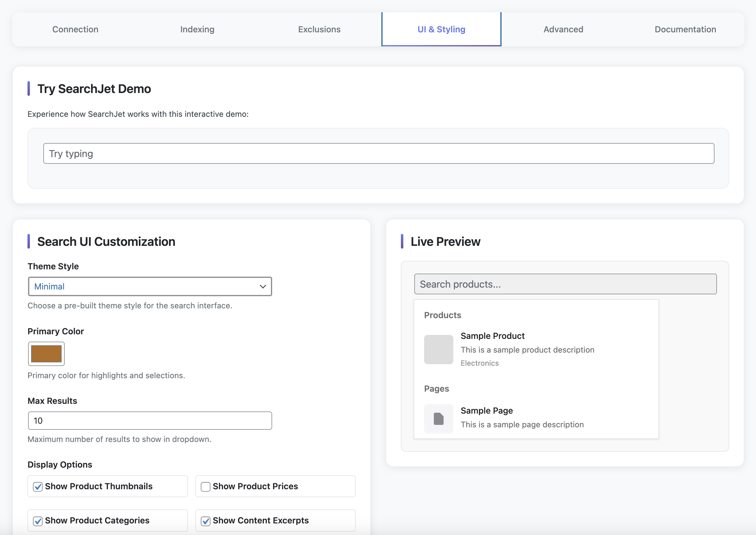 SearchJet settings: Advanced Settings