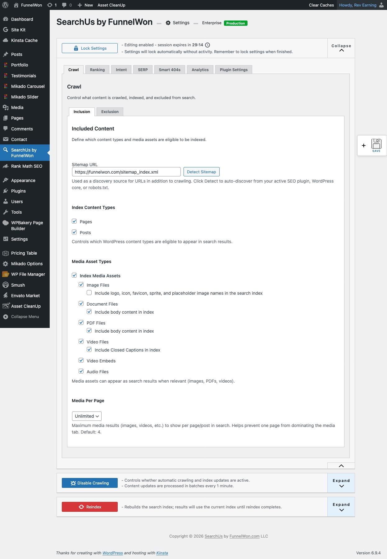 Included content: choose post types and media for the index, plus URL/DOM exclusions and crawl-related options.
