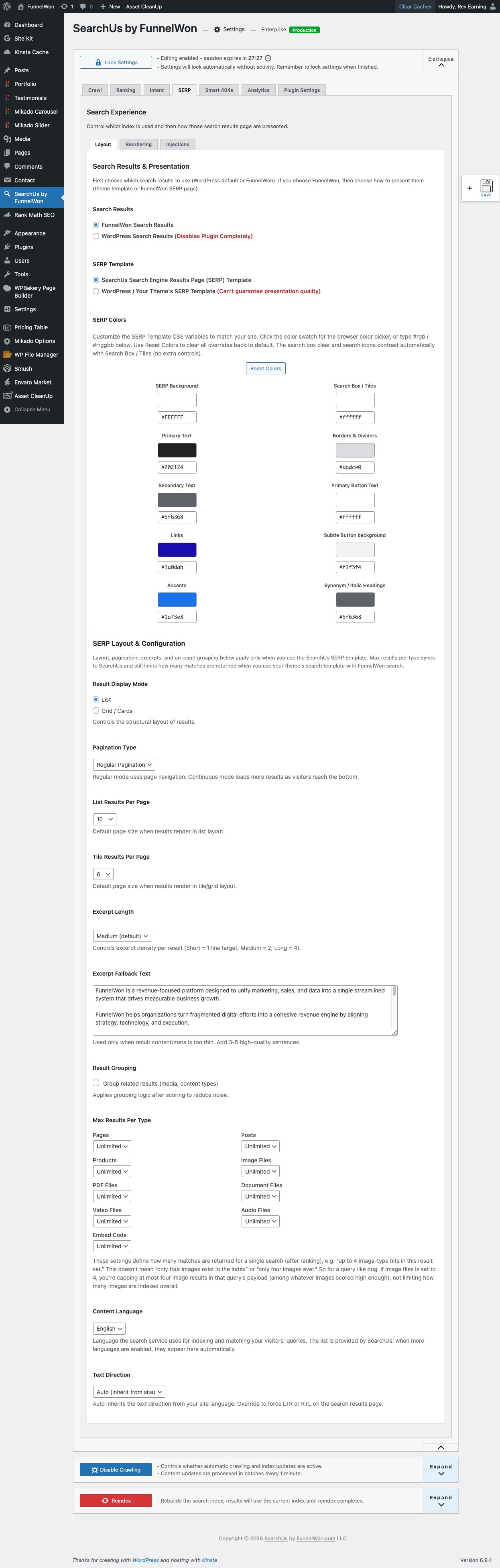 Search experience (SERP): search page layout, redirect, results per page, list or tile view, excerpts, and visitor-facing search UI.