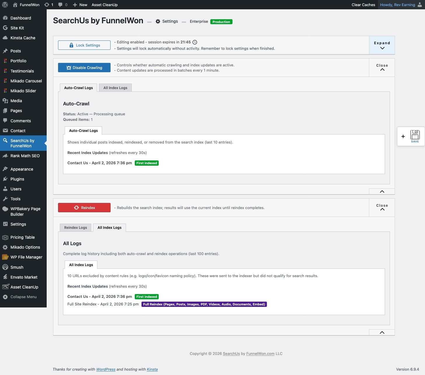Auto-crawl and reindex logs: see scheduled and automatic index updates after content changes.