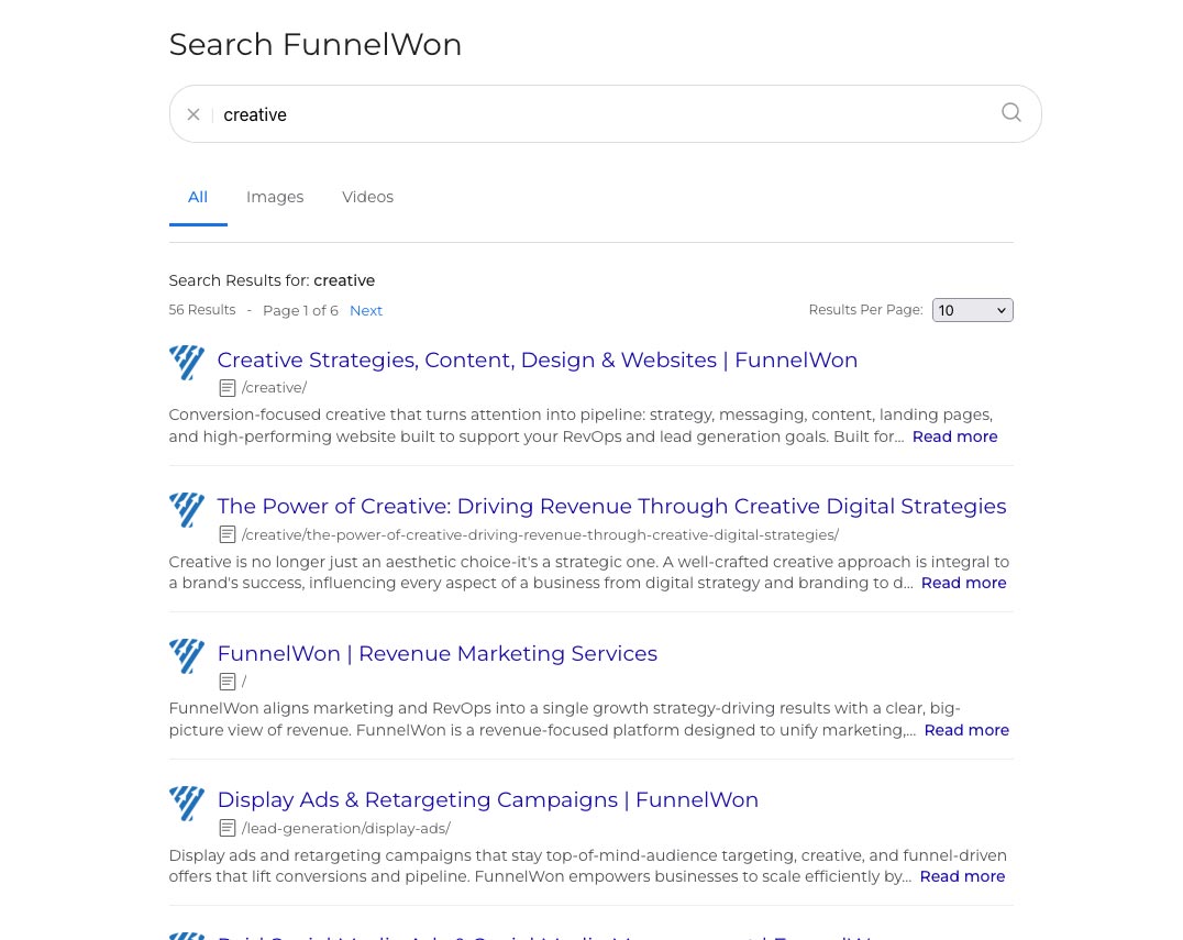 Results page, list view: stacked results with titles, URLs, snippets, and thumbnails where available.