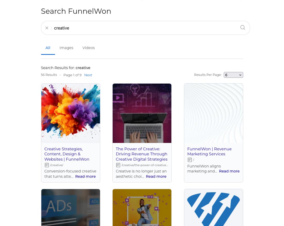 Results page, tile view: grid layout for a more visual browse of results.