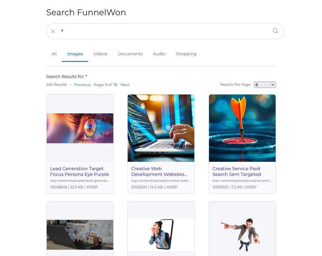 Results page, Images tab: image-only results from indexed media (alt text, titles, filenames help relevance).