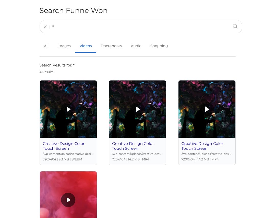 Results page, Videos tab: video results from indexed video content.
