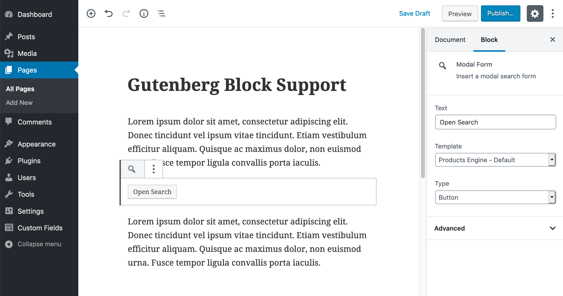 Insert modal triggers as Gutenberg Blocks