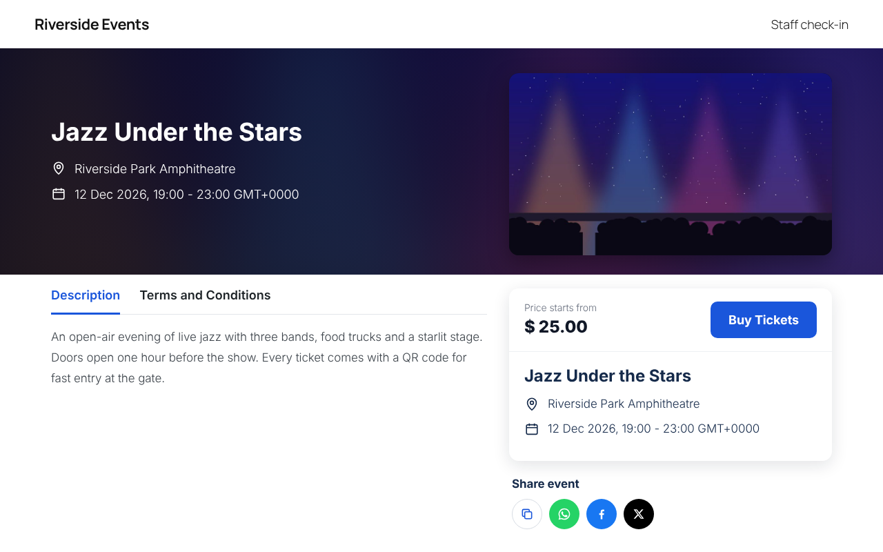 The event page, with venue, date, starting price and a Buy Tickets button.