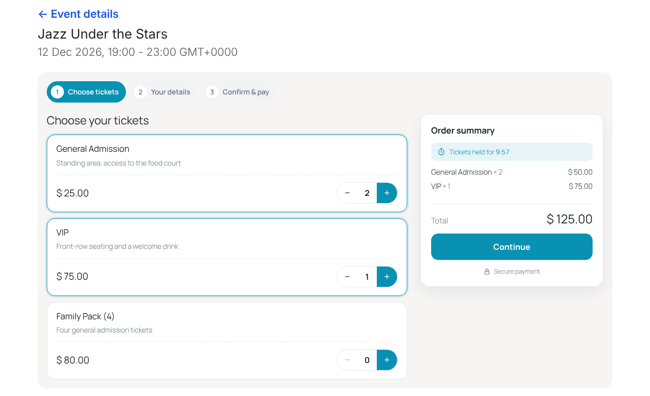 Buyers choose ticket types and quantities. Tickets are held while they check out.
