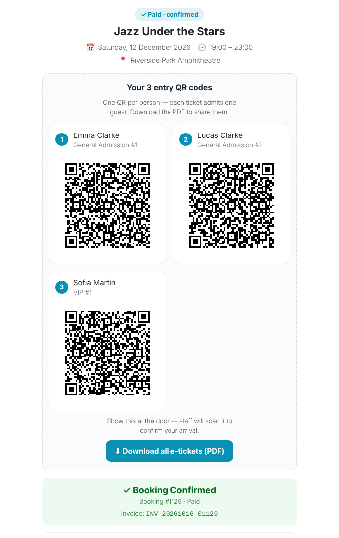 After payment every guest gets their own QR e-ticket, with a PDF download.