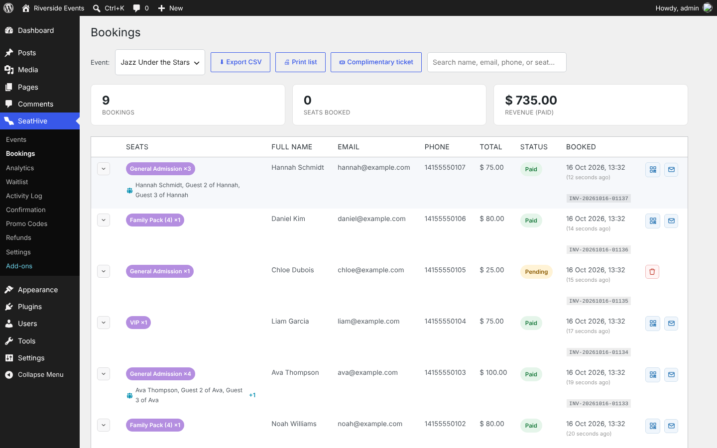 All orders in one list, with status, invoice number, export and resend.