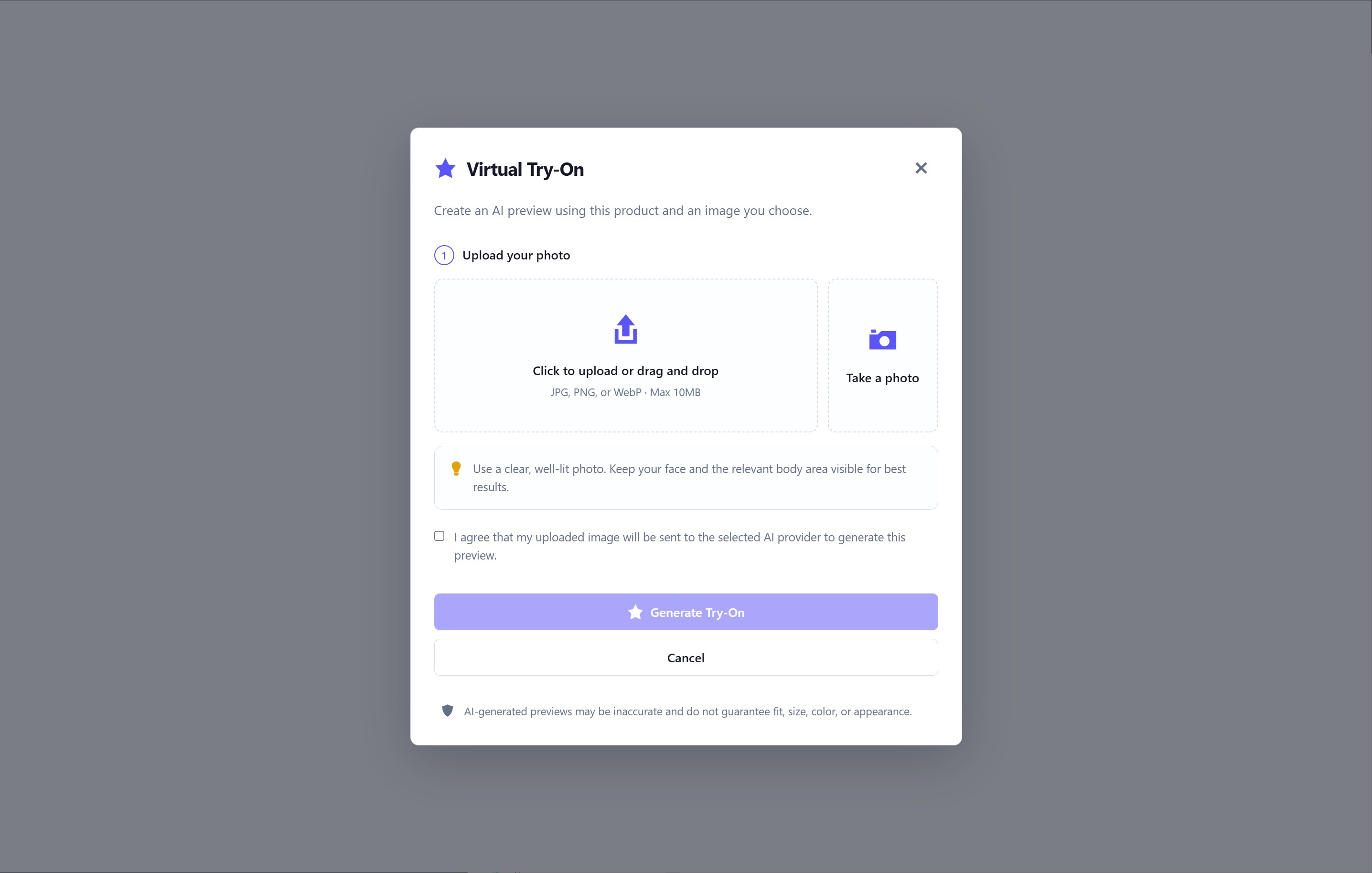 Virtual Try-On upload panel for selecting or capturing a customer photo.
