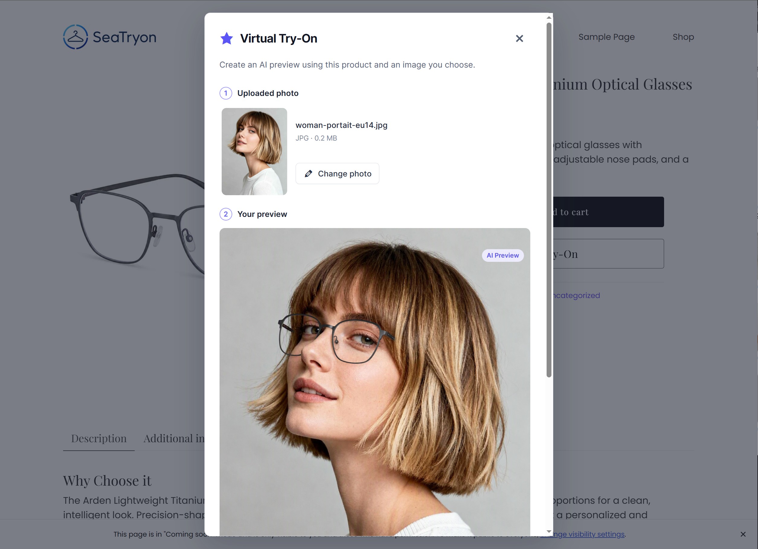 AI-generated virtual try-on preview with an uploaded customer photo.